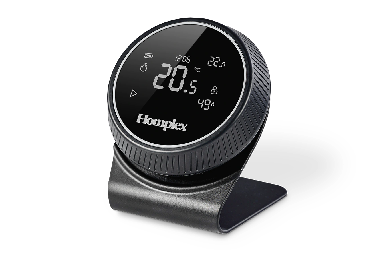 Termostat Homplex NX1 black edition cu stand vedere din lateral stanga