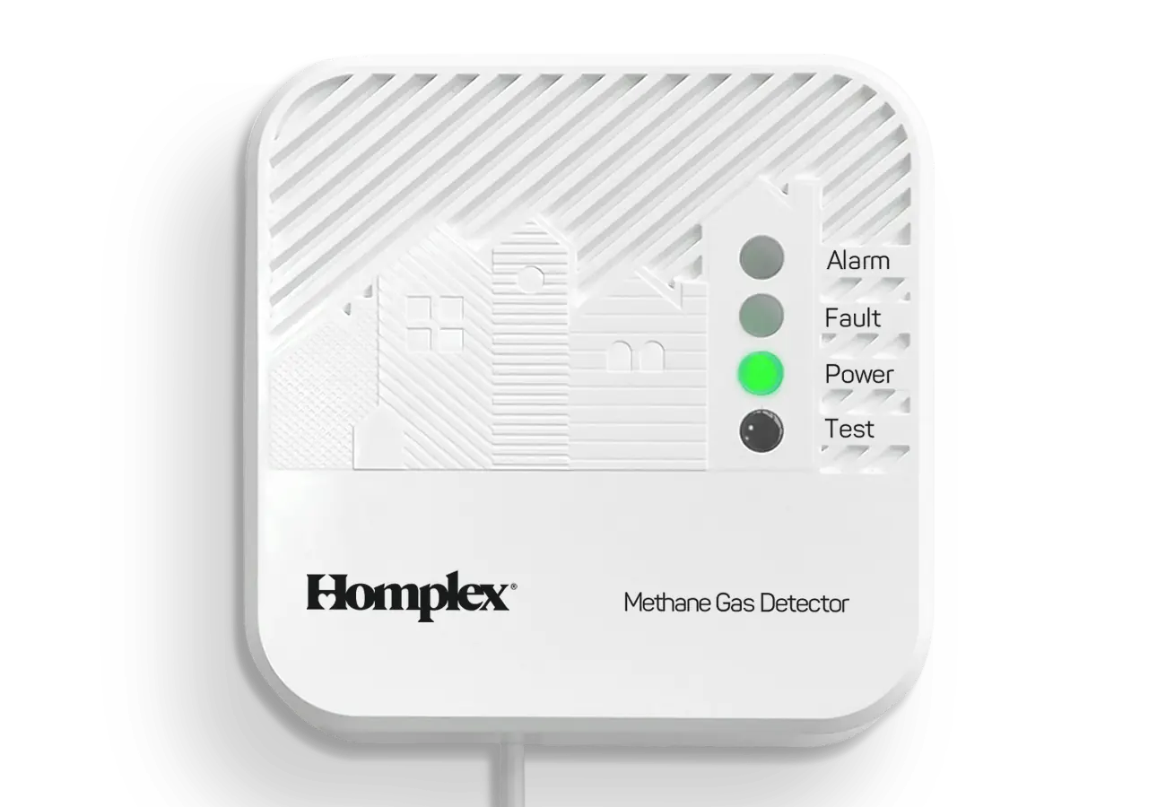 Detector de gaz metan Homplex HD100 PRO, vedere fata cu LED-ul de alimentare aprins